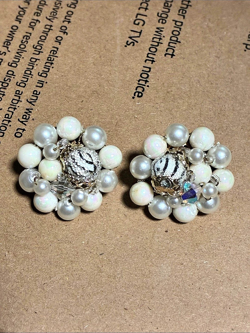 Vintage JAPAN Beaded Clip-On Earrings White Faux Pearl & Gold Tone